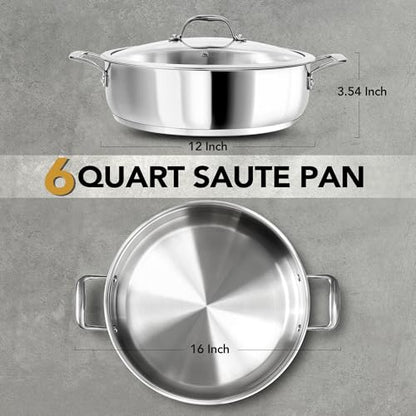 MICHELANGELO 12 Inch Stainless Steel Pan with Lid - Large Saute Pan with Lid, Deep Frying Pan Dishwasher & Oven-Safe, All Cooktops Compatible, 6 Quart