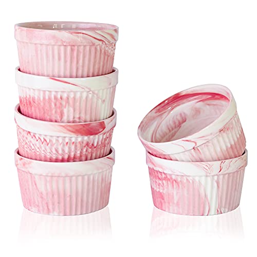 Yundu 4.5 Ounce Pink Marble Ceramic Ramekins - Perfect for Creme Brulee, Oven Safe Baking Bowls - Set of 6