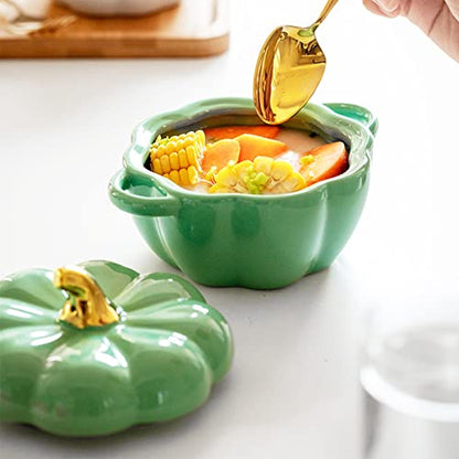 Pumpkin Pottery Dutch Oven Pot with Lid, Mini Baking Dish Casserole (Green)