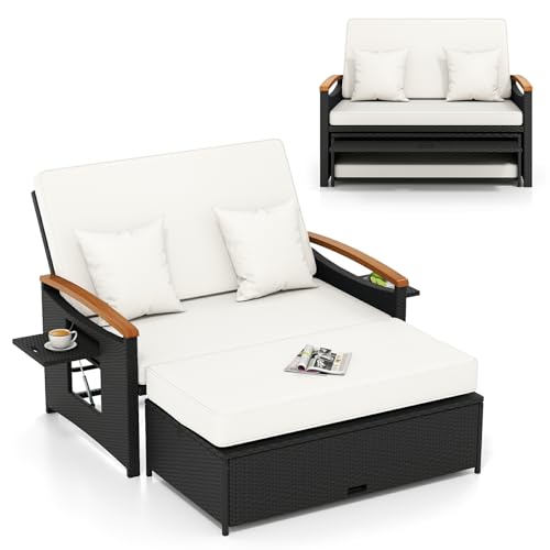 Moccha Outdoor Wicker Daybed, Patio Rattan Loveseat Sofa w/ 4-Level Adjustable Backrest, Folding Panels, Storage Ottoman & Cushions, Lounge Furniture Set for Poolside Backyard Porch (White & Black)