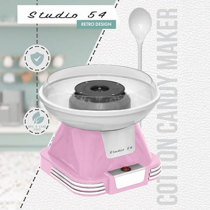 Studio 54 Retro Cotton Candy Machine with 5 Jars (11oz Each) Floss Sugar, 50 Paper Cones, Easy Cleanup Cotton Candy Maker, Durable Retro Design, Makes 20–30 Servings per Jar, BPA & Lead Free