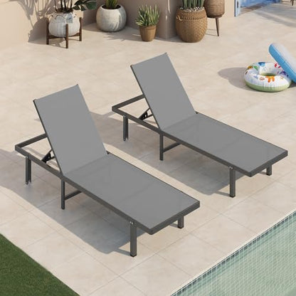 Oasbira Aluminum Outdoor Lounge Chairs Set of 2, Pool Lounge Chairs with Wheels and 5-Position Recliner -Easy to Move- Patio Chaise Lounge Outdoor for Poolside, Deck, Beach (Darkgray)