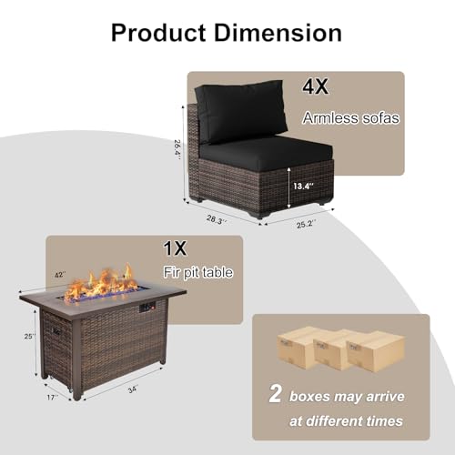 TANGJEAMER 5 Piece Patio Furniture Set with Fire Pit Table, Outdoor Sectional Sofa PE Rattan, Patio Conversation Sets with Cushions for Garden Lawn Balcony Porch Deck Black