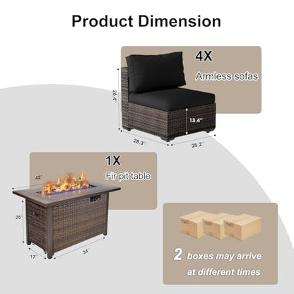 TANGJEAMER 5 Piece Patio Furniture Set with Fire Pit Table, Outdoor Sectional Sofa PE Rattan, Patio Conversation Sets with Cushions for Garden Lawn Balcony Porch Deck Black