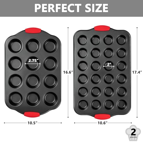 Tiawudi Muffin Pan, Nonstick Cupcake Pan Set, 2 Pack Heavy Duty Muffin Tins for Baking, 12-Cup Regular and 24-Cup Mini Bareware Tray with Silicone Grip Handles