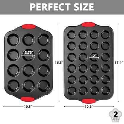Tiawudi Muffin Pan, Nonstick Cupcake Pan Set, 2 Pack Heavy Duty Muffin Tins for Baking, 12-Cup Regular and 24-Cup Mini Bareware Tray with Silicone Grip Handles