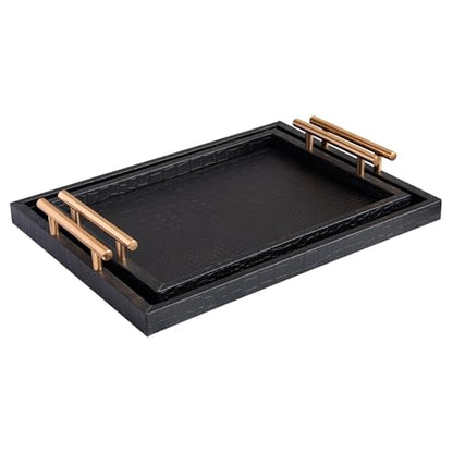 JUMBO HUMBLE Modern Elegant Large Wood Serving Tray, Set of 2 Black Crocodile Leather with Gold Polished Metal Handles, Home Decorative Rectangle Ottoman Decor Platter Living Room Bathroom Vanity Tray