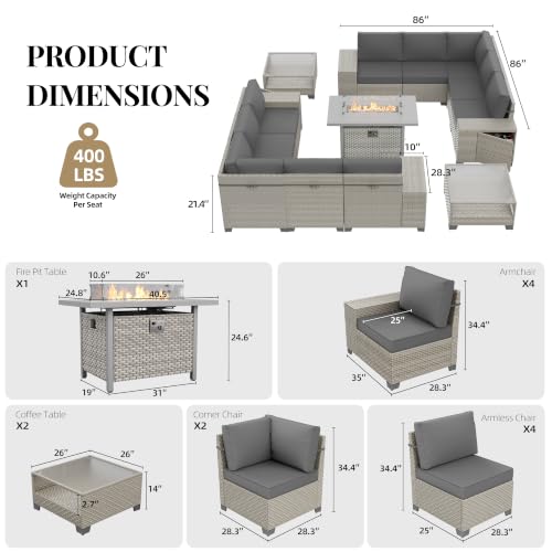 13 Pieces Patio Furniture Set with Fire Pit,Outdoor Wicker Sectional Sofa