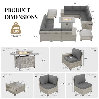 13 Pieces Patio Furniture Set with Fire Pit,Outdoor Wicker Sectional Sofa