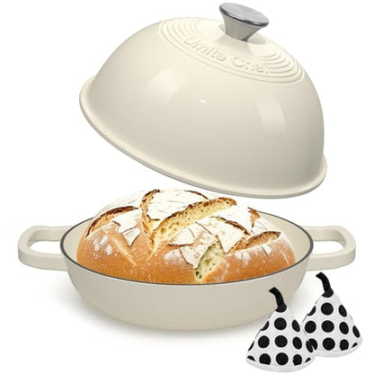 Enameled Round Cast Iron Bread Oven, 6 Qt Cast Iron Dutch Oven for Homemade Sourdough Bread Baking, Bread Pot with Dome Lid & Cotton Potholders (Cream White)