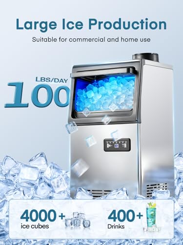 Commercial Ice Maker Machine, 100LBS/24H Freestanding & Undercounter Ice Machine with 2 Water Inlets, 40 PCS/Cycle and 20LBS Storage Bin, Stainless Steel, LED Display & Self-Cleaning for Home Bar