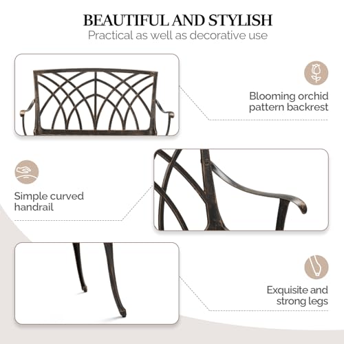 VINGLI 38" Outdoor Metal Bench, Cast Aluminium Garden Bench, Weatherproof Antique Finish Orchid Chair, 1-2 Person Seat Deck Furniture for Porch Entryway Patio (Brown)