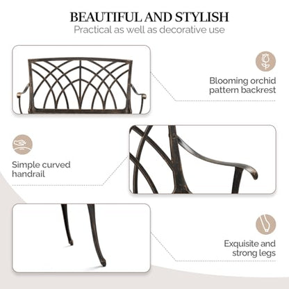 VINGLI 38" Outdoor Metal Bench, Cast Aluminium Garden Bench, Weatherproof Antique Finish Orchid Chair, 1-2 Person Seat Deck Furniture for Porch Entryway Patio (Brown)
