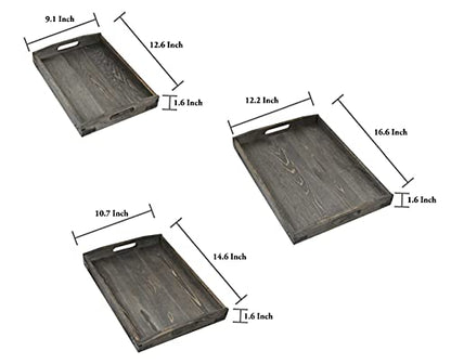 Owlgift Vintage Grey Wood Serving Trays with Brass Metal Wrap Accents, Set of 3