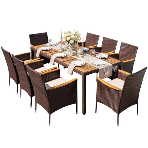 Greesum 9 Pieces Patio Dining Set Acacia Wood Dining Set for 8 (Brown)