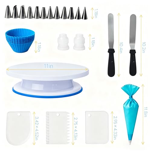 82 Pcs Cake Decorating Kit with Non-Slip Turntable, Stand,Leveler, 12 Piping Nozzles, Spatulas,Cupcake, 2 Reusable & 50 Disposable Bags,Complete Starter Set for Beginners & Home Bakers
