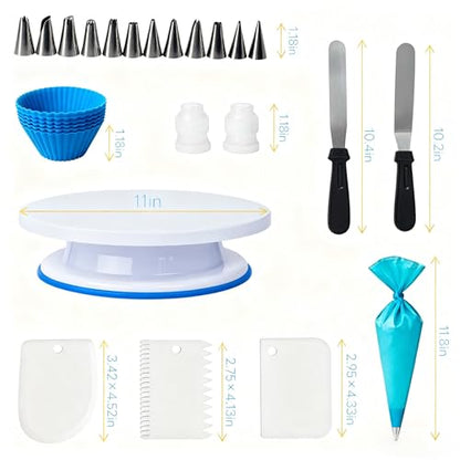 82 Pcs Cake Decorating Kit with Non-Slip Turntable, Stand,Leveler, 12 Piping Nozzles, Spatulas,Cupcake, 2 Reusable & 50 Disposable Bags,Complete Starter Set for Beginners & Home Bakers