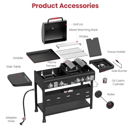 LAUDLIFE 5-Burner Propane Grill Griddle Combo with Side Burner, Dual Zone BBQ Gas Grill, Non-Stick Porcelain-Enameled Surface, Easy to Clean, 702 Sq.In. Cooking Area, Heavy-Duty Stand for Backyard