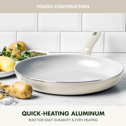 GreenPan Dover 12” Frying Pan Skillet, Non-Toxic PFAS-Free PFOA-Free Ceramic Nonstick Coating, Sear Saute Fry Egg Omlete, Dishwasher & Oven Safe, Stay Cool Handle, Easy Pour Rims, Cream White