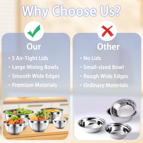 ZEENSUY Mixing Bowls with Airtight Lids Set, 5 PCS Stainless Steel Khaki Nesting Bowls for Kitchen, Large Prep Metal Mixing Bowls for Kitchen, 5.5/4/3.5/2/1.5 QT for Mixing & Serving