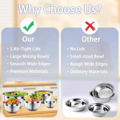 ZEENSUY Mixing Bowls with Airtight Lids Set, 5 PCS Stainless Steel Khaki Nesting Bowls for Kitchen, Large Prep Metal Mixing Bowls for Kitchen, 5.5/4/3.5/2/1.5 QT for Mixing & Serving