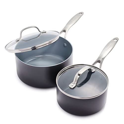 GreenPan Valencia Pro Ceramic Nonstick 1.66QT & 3.3QT Saucepan Pots with Lids Set, Hard Anodized PFAS-Free Cookware, Induction Ready & All Cooktops, Soup & Sauce, Dishwasher & Oven Safe to 600F, Gray