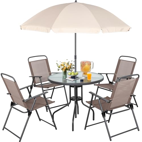 Vongrasig 6 Pieces Folding Patio Dining Set, All Weather Small Metal Outdoor Table and Chairs Set, Patio Furniture Set w/Umbrella, Glass Table & 4 Folding Chairs for Garden, Lawn, Backyard, Brown