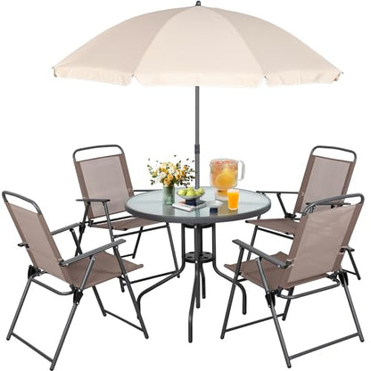 Vongrasig 6 Pieces Folding Patio Dining Set, All Weather Small Metal Outdoor Table and Chairs Set, Patio Furniture Set w/Umbrella, Glass Table & 4 Folding Chairs for Garden, Lawn, Backyard, Brown