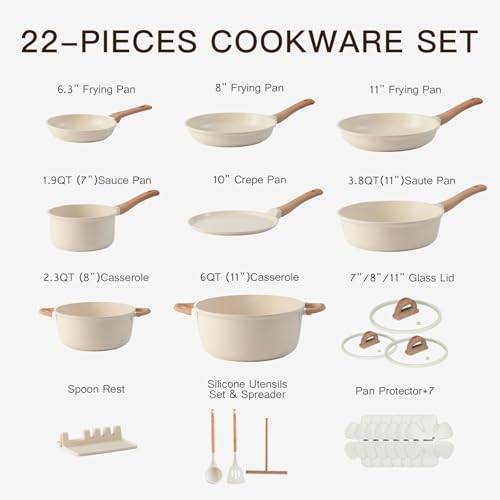 USELUCK Pots and Pans Set Non Stick Non-Toxic 22 Pcs Ceramic Cookware Sets Nonstick Kitchen Pot&Pan With Lid Cream White Granite Induction Compatible with Glass Lids Crepe Frying Pan PFOA/PFOS-Free