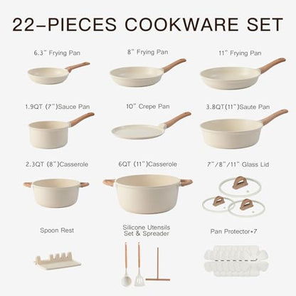 USELUCK Pots and Pans Set Non Stick Non-Toxic 22 Pcs Ceramic Cookware Sets Nonstick Kitchen Pot&Pan With Lid Cream White Granite Induction Compatible with Glass Lids Crepe Frying Pan PFOA/PFOS-Free