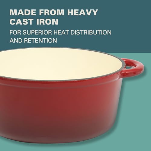 Gibson Home Addlestone 5-Quart Red Enamel Cast Iron Dutch Oven with Lid and Dual Handles – Durable Round Cooking Pot