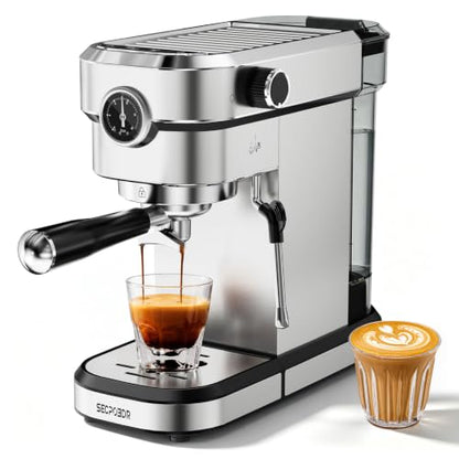 SECPOEDR 20 Bar Compact Espresso Machine with Pressure Gauge, Stainless Steel Espresso Maker with Milk Frother, Coffee Machine for Cappuccino & Latte, Silver