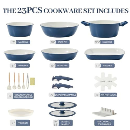 23Pcs Ceramic Cookware Set Non Stick Pots and Pans Set Non Toxic with Detachable Handle Induction Kitchen Cookware Set Space Saving, Oven & Dishwasher Safe, Navy