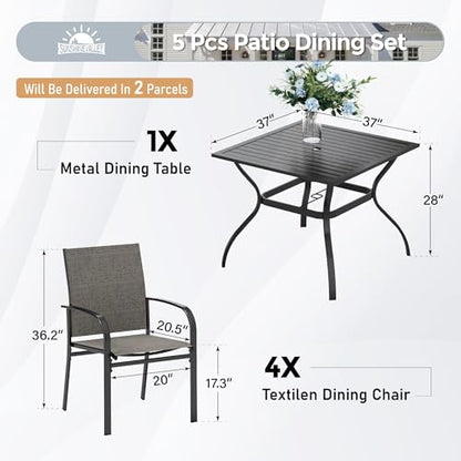 SUNSHINE VALLEY 5 Piece Patio Dining Set for 4, 37”x37” Square Table with Umbrella Hole, 4 Metal Brown Chairs, Outdoor Table and Chairs Set for Lawn Backyard and Deck