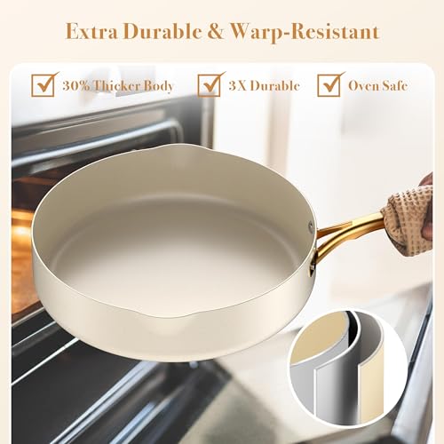 PekGema Ceramic Cookware Set 15-Pieces, Pots and Pans Set Non Stick, Oven Safe Non Toxic, Kitchen Cookware Set, PFOA PTFE FREE, Gold White