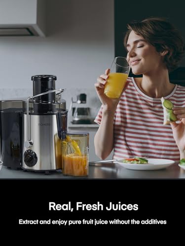 Juicer Machines, 600W Centrifugal Juicer with Wide Mouth 3” Feed Chute for Whole Vegetable and Fruit with 3-Speed Setting, Easy to Clean, BPA Free, High Yield Juice, Juice Recipe Included