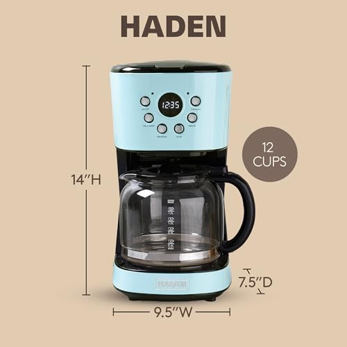 HADEN Coffee Machine, 12 Cup Programmable Drip Coffee Maker with Auto Shut-Off Function and Reusable Washable Water Filter, Turquoise & Chrome