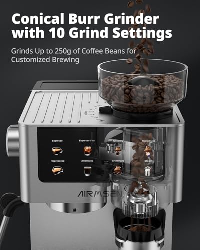 AIRMSEN Espresso Machine with Grinder, 20 Bar, Milk Frothing Steam Wand
