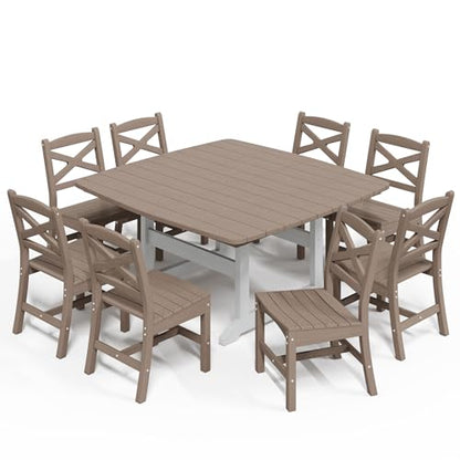 Polyhouz Outdoor Dining Set, HDPE 9-Piece Patio Table and Chairs Set, All-Weather Outdoor Dining Table Set for 8 with Umbrella Hole, Durable Patio Furniture Set with Chairs,White Brown