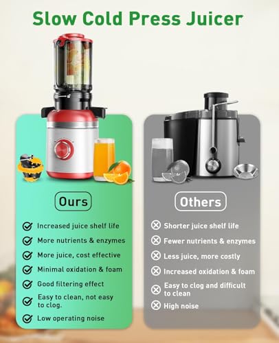 Cold Press Juicer Machines with Wide Feed Chute, Slow Masticating Juicer Maker for Whole Vegetables & Fruits, High Juice Yield, Easy to Clean, Large Auger Extractor, Red