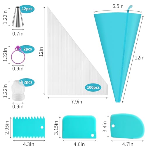 ALLTOP Piping Bags and Tips Set -Ultimate Cake Decorating Supplies Kit - Included 100 Disposable Pastry Bags, 1 Reusable Silicone Bag, 2 Couplers, 12 Frosting Tips, 2 Ties, 3 Icing Scrapers for Baking