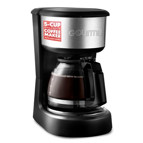 Gourmia 5 Cup One-Touch Drip Brew Coffee Maker – Pause and Serve, Automatic Keep Warm, Easy View Water Window, Compact, Stainless Steel Accents, Black