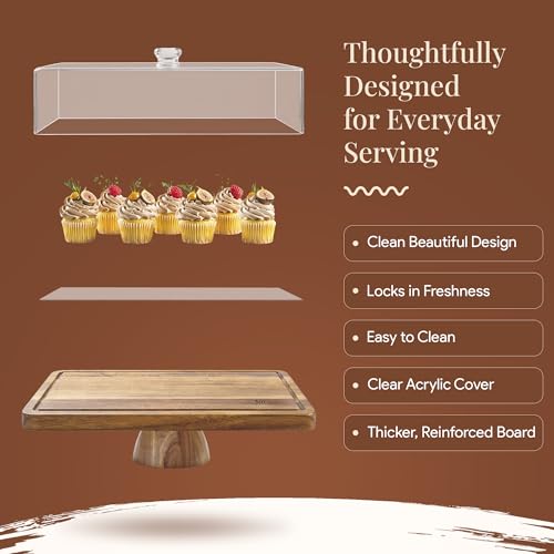 HOMESPHERE Acacia Wood Cake Stand with Lid - Rectangular Cake Holder, 2-in-1 Dessert Table Display Set & Charcuterie Board for Cheese, Chips, Fruit Platter, Large Acrylic Cake Dome Cover, No Glass