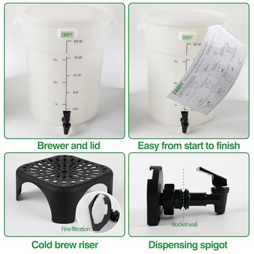 Snap! 5 Gallon Cold Brew Coffee Maker – Low Acid Commercial Cold Brew System with Dual Filtration for Smooth Coffee -Cold Brew Coffee Set-White