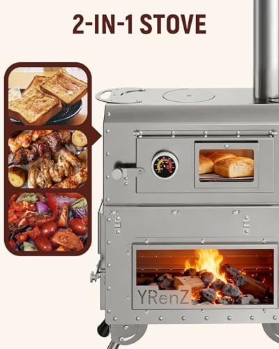 YRenZ Tent Stove Wood Stove with Oven – 2-in-1 Dual-Use Outdoor Camping Oven for Tent Cooking, Stainless Steel High Temperature Stove, Glass Door, Anti-Slip Feet, Full Accessories