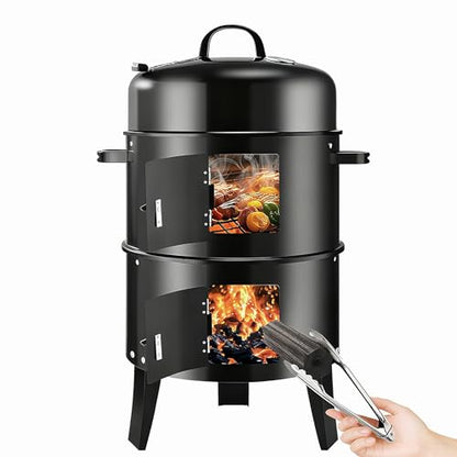 RYHOFOUD Vertical 19Inch Round Charcoal Smoker Grill,Heavy-Duty BBQ Smoker for Outdoor Smoking Multi-Layer Pellet Ideal for Meats-Offset Charcoal Grill with Hook,Thermometer,Black