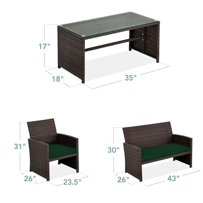 Best Choice Products 4-Piece Outdoor Wicker Patio Conversation Furniture Set for Backyard w/Coffee Table, Seat Cushions - Brown/Midnight Green