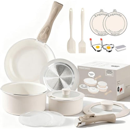Heapsion 18-Piece Ceramic Nonstick Cookware Set, PFAS/PFOA/PTFE-Free & Non-Toxic Pots and Pans Set with Detachable Handles, Dishwasher Safe & Induction Compatible for Kitchen & RV Cooking