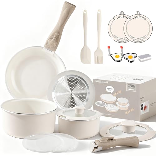Heapsion 18-Piece Ceramic Nonstick Cookware Set, PFAS/PFOA/PTFE-Free & Non-Toxic Pots and Pans Set with Detachable Handles, Dishwasher Safe & Induction Compatible for Kitchen & RV Cooking