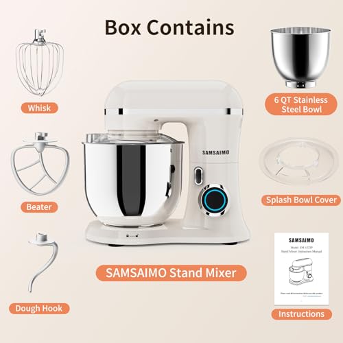 SAMSAIMO 3-IN-1 Electric Stand Mixer, 10-Speed With Pulse Button, Attachments include 6.5QT Bowl, Dough Hook, Beater, Whisk for Most Home Cooks (Almond Cream)